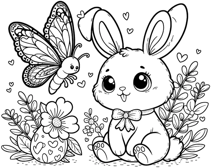 malvorlage-hase-mit-schmetterling-und-herzen