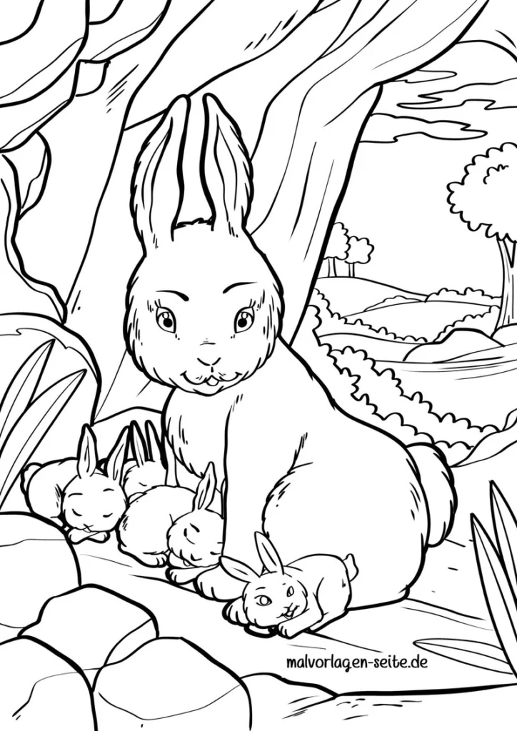 malvorlage-hase-und-kleine-hasen-in-der-natur