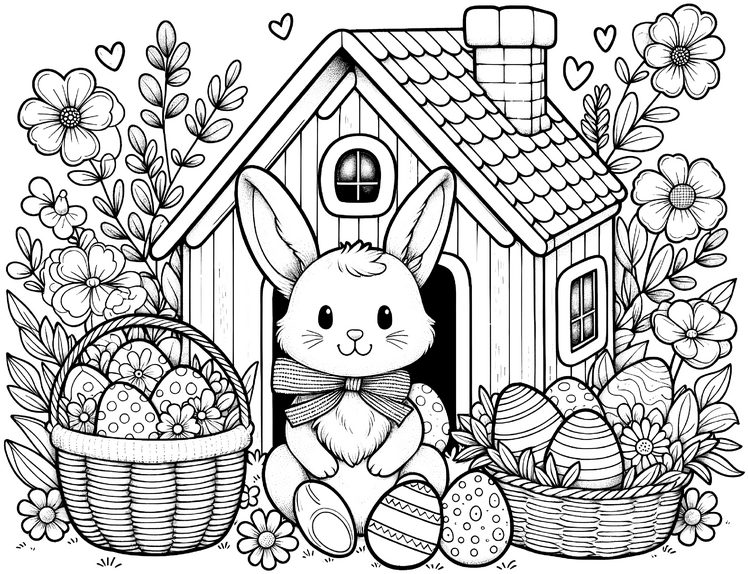 malvorlage-hase-vor-haeuschen-mit-ostereiern-und-blumen