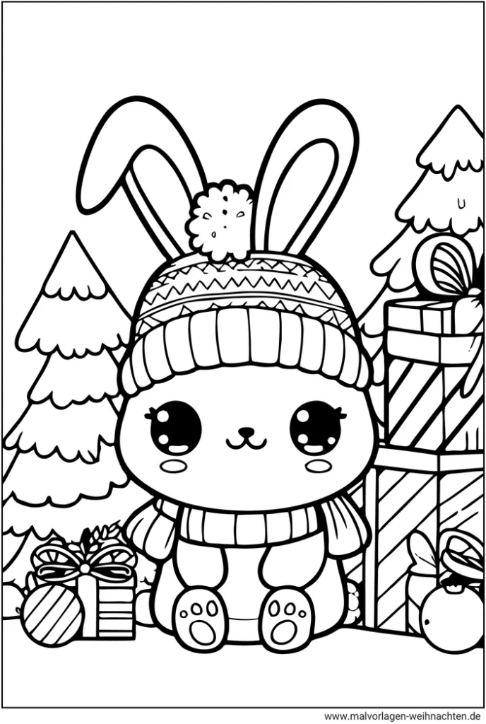 malvorlage-hase-weihnachten-mit-geschenken-und-weihnachtsbaum