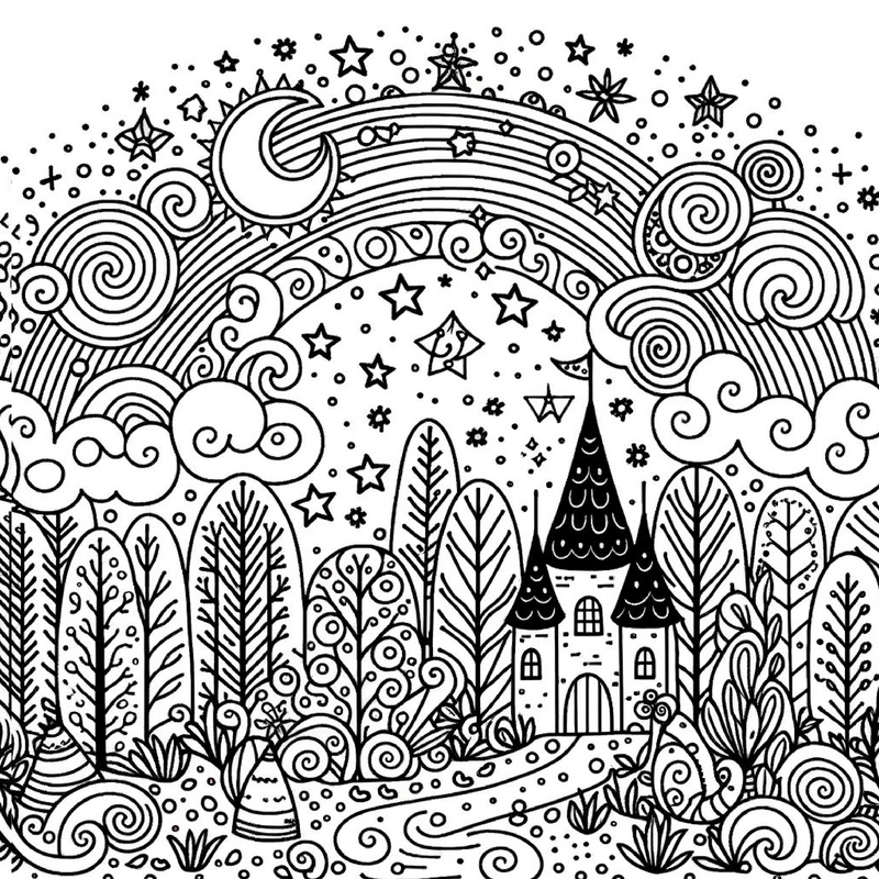 malvorlage-haus-baeume-regenbogen-ausmalbild