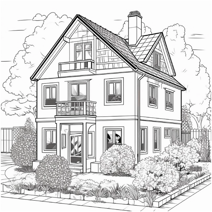 malvorlage-haus-mit-balkon-und-natur