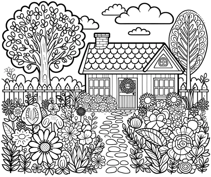 malvorlage-haus-mit-blumen-und-baum