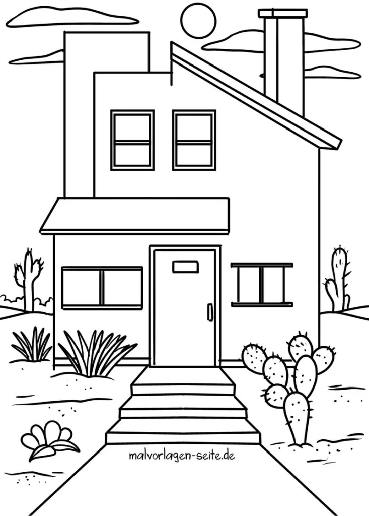 malvorlage-haus-mit-pflanzen-und-architekturdetails