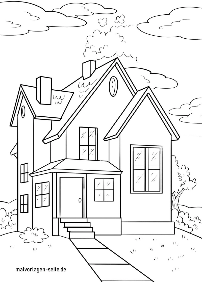 malvorlage-haus-mit-wolken-und-baeumen