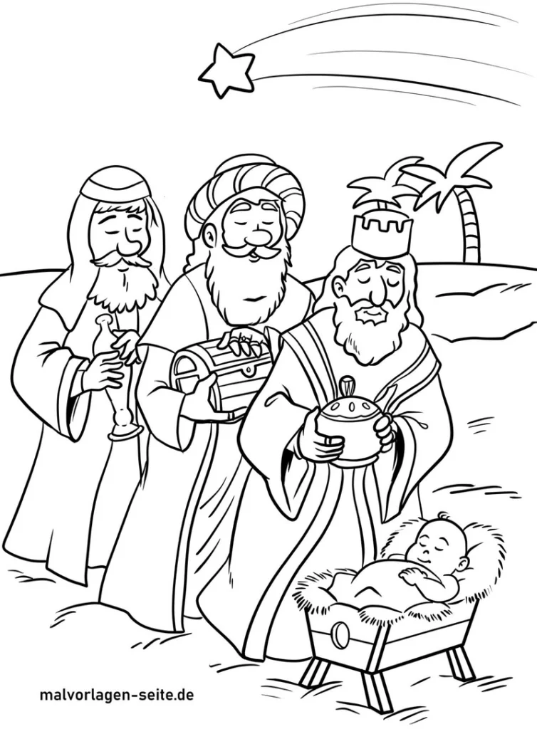 malvorlage-heilige-drei-koenige-mit-geschenken-und-stern