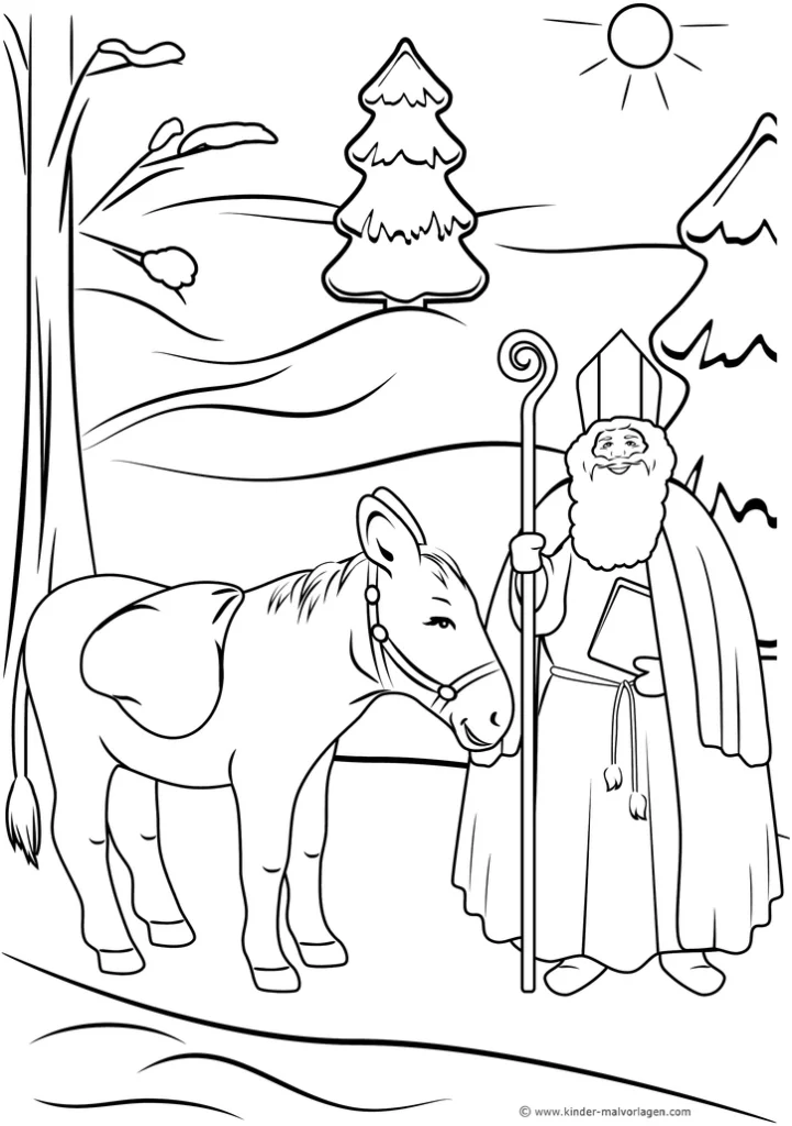 malvorlage-heilige-nikolaus-mit-esel-in-winterlandschaft