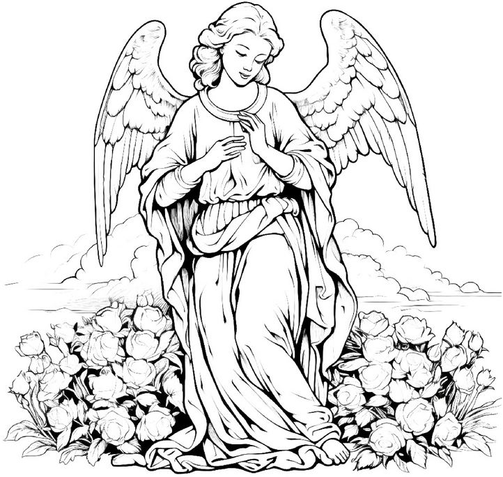 malvorlage-heiliger-engel-umgeben-von-blumen