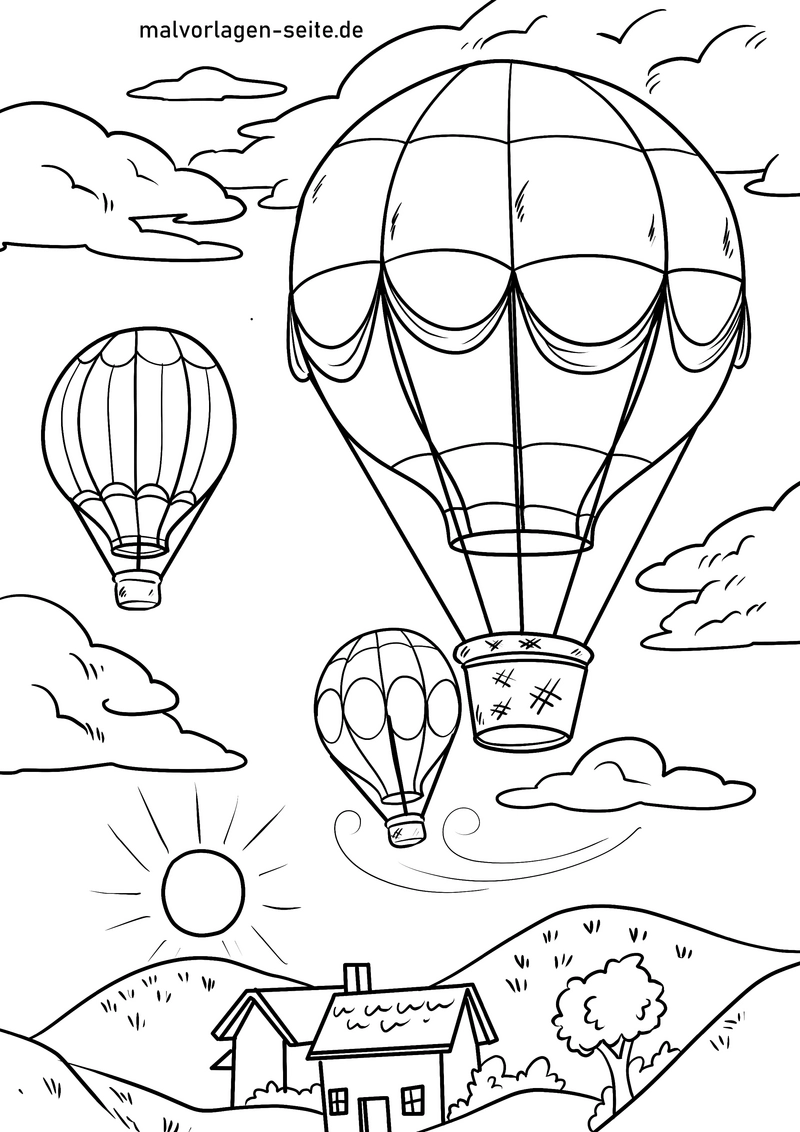 malvorlage-heissluftballons-in-der-luft-mit-landschaft