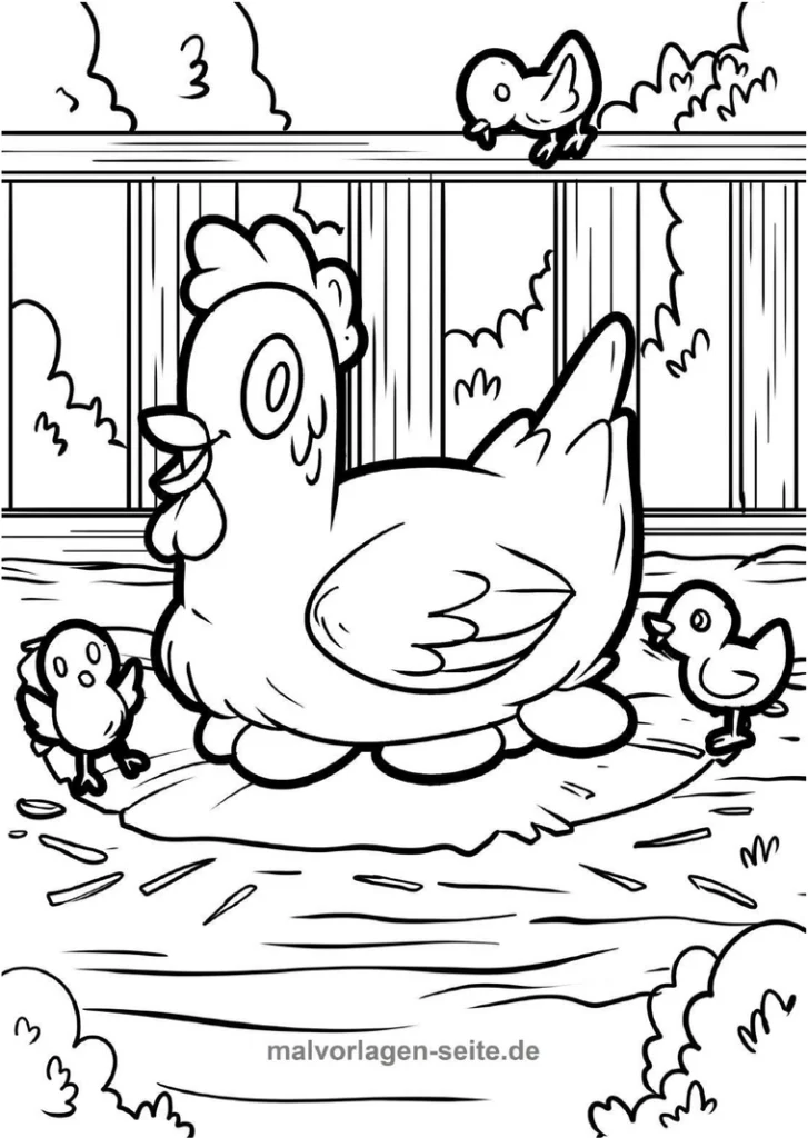malvorlage-henne-mit-kueken-auf-bauernhof