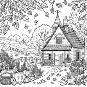malvorlage-herbstlandschaft-mit-haus-und-kuerbissen
