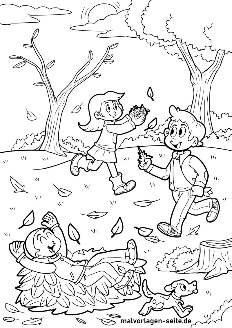 malvorlage-herbstspielende-kinder-im-blattwerk