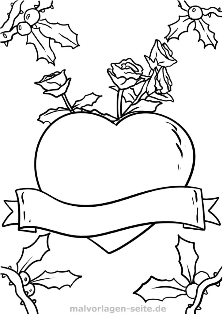 malvorlage-herz-mit-rosen-und-stechpalmen