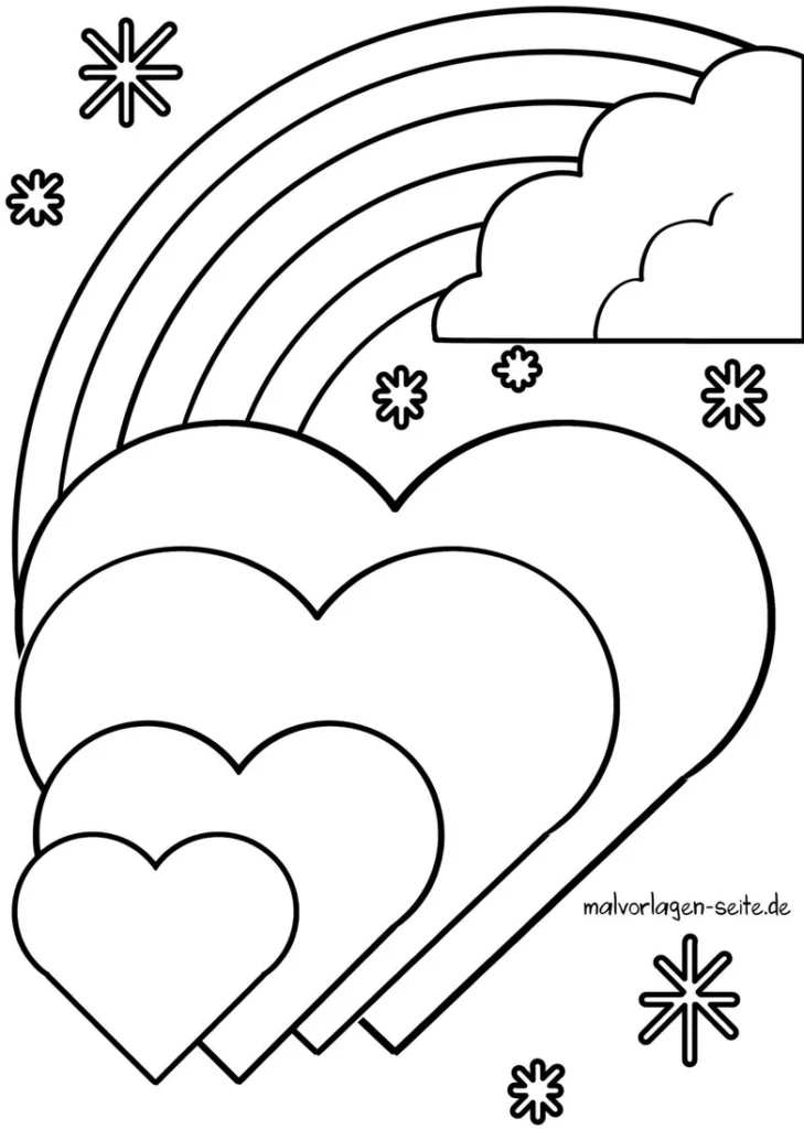 malvorlage-herzen-und-regenbogen-mit-wolken-und-sternen