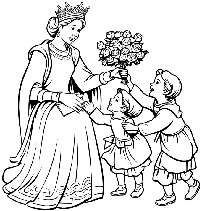 malvorlage-herzliche-koenigin-mit-kindern-und-blumen