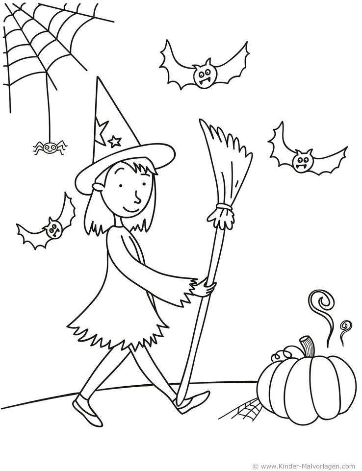 malvorlage-hexe-mit-fledermaeusen-und-kuerbis