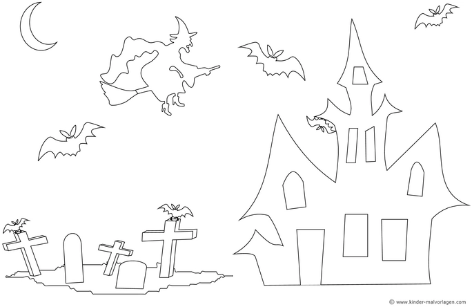 malvorlage-hexe-mit-schloss-und-grabsteinen-fuer-halloween