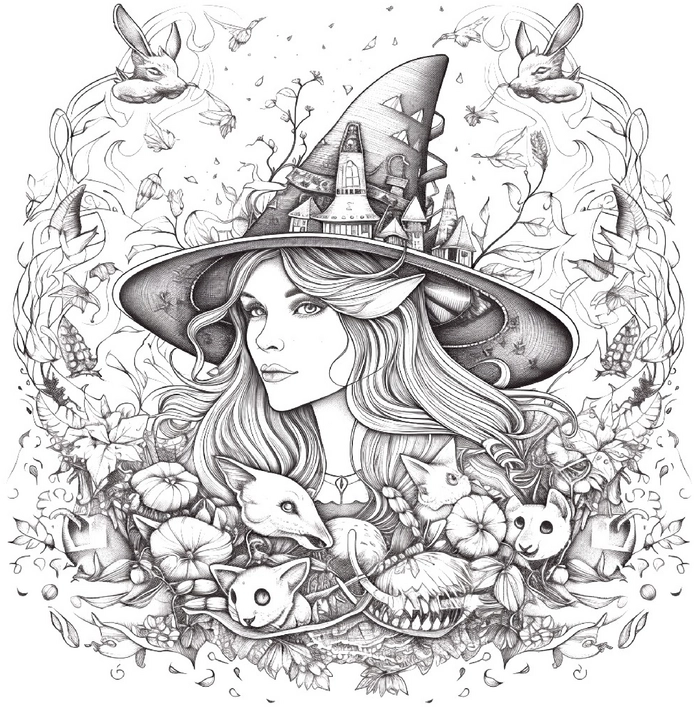 malvorlage-hexe-mit-tieren-und-blumen
