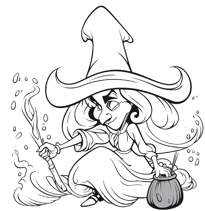 malvorlage-hexe-mit-zauberstab-und-kessel
