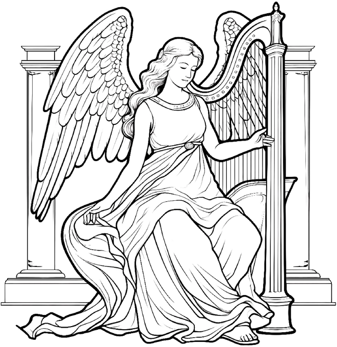 malvorlage-himmlischer-engel-mit-harfe