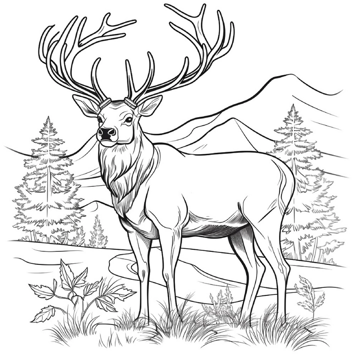 malvorlage-hirsch-in-der-natur-mit-bergen-und-baeumen