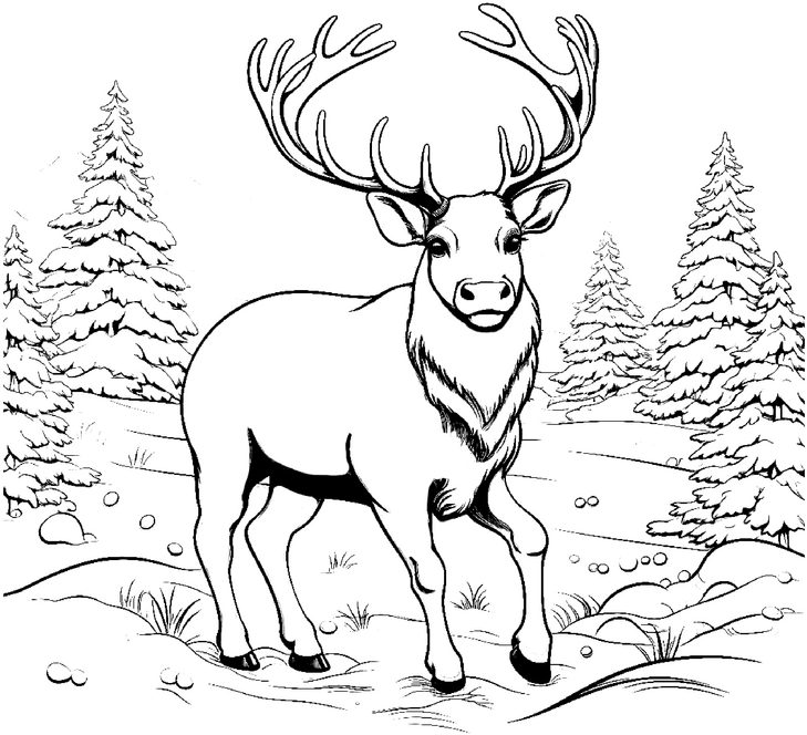 malvorlage-hirsch-und-tannenbaeume