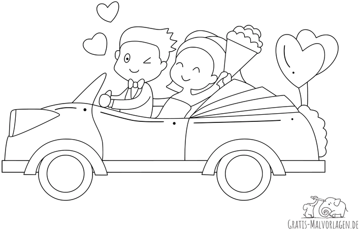 malvorlage-hochzeit-im-cabrio-mit-herzen