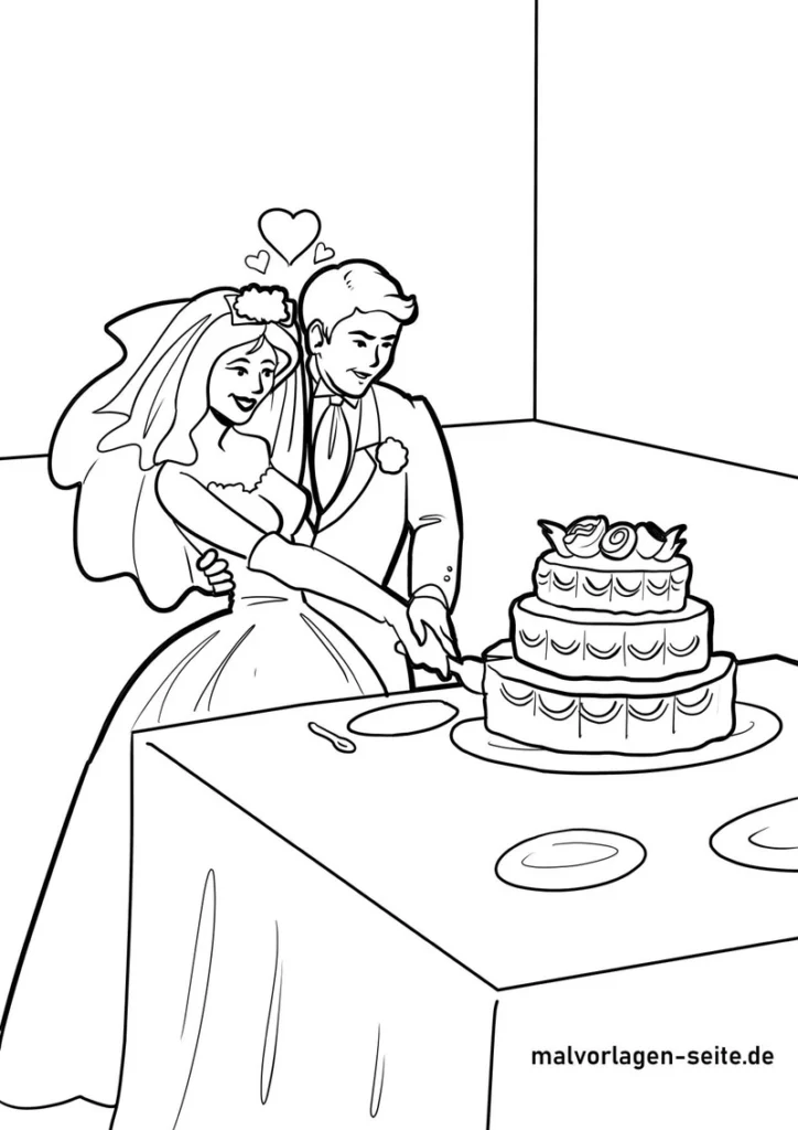 malvorlage-hochzeitstorte-brautpaar-mit-herzen