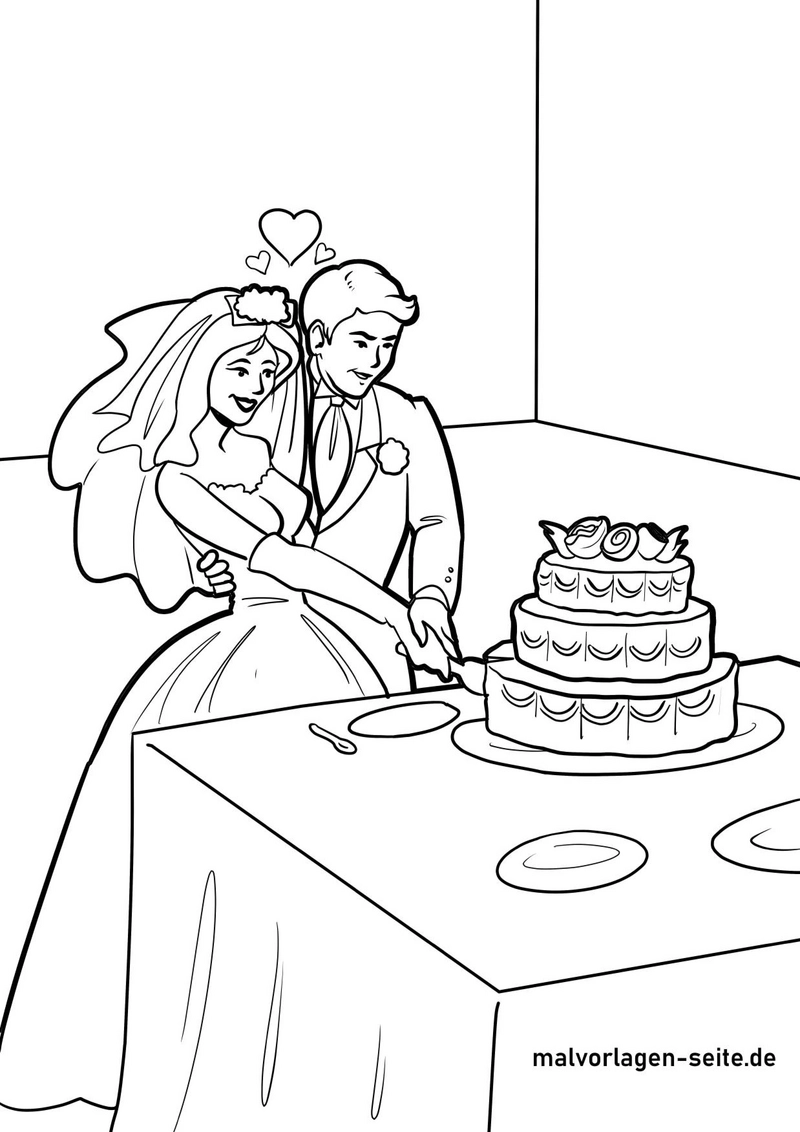 malvorlage-hochzeitstorte-brautpaar-mit-herzen