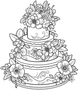 malvorlage-hochzeitstorte-mit-blumen-und-deko