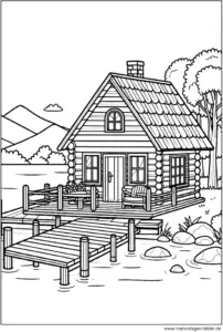malvorlage-holzhaus-am-see-mit-steg