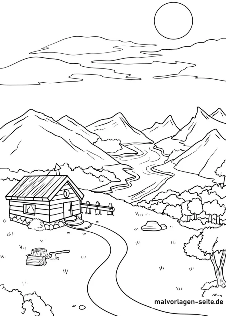 malvorlage-holzhaus-in-den-bergen-mit-natur-und-landschaft