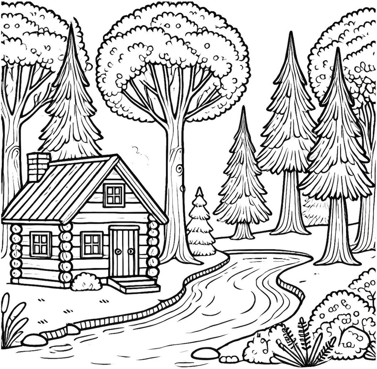 malvorlage-holzhaus-in-der-natur-mit-baeumen-und-weg