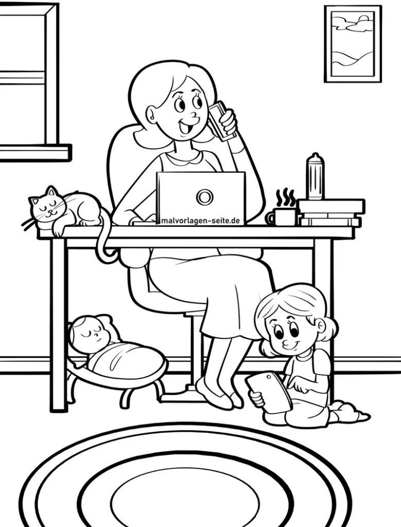 malvorlage-homeoffice-mutter-kind-katze