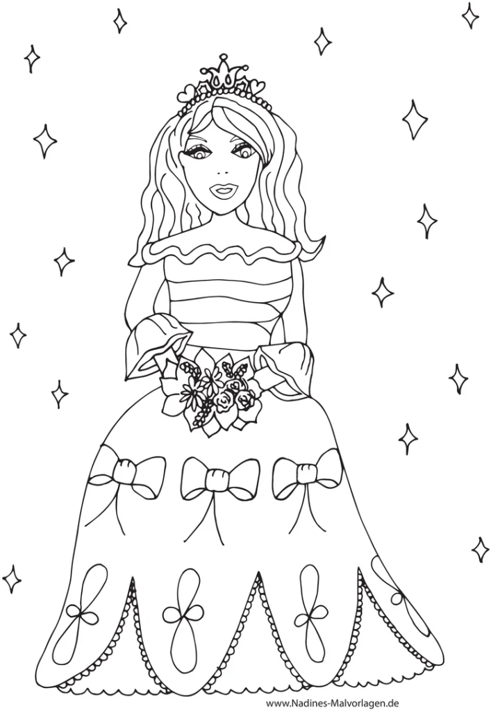 malvorlage-huebsche-prinzessin-mit-krone-und-blumen