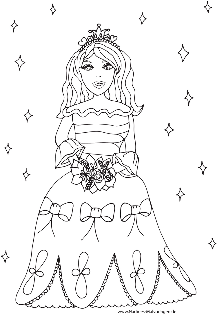 malvorlage-huebsche-prinzessin-mit-krone-und-blumen
