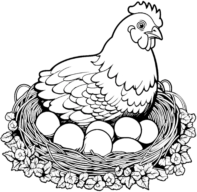 malvorlage-huhn-im-nest-mit-eiern-und-blumen