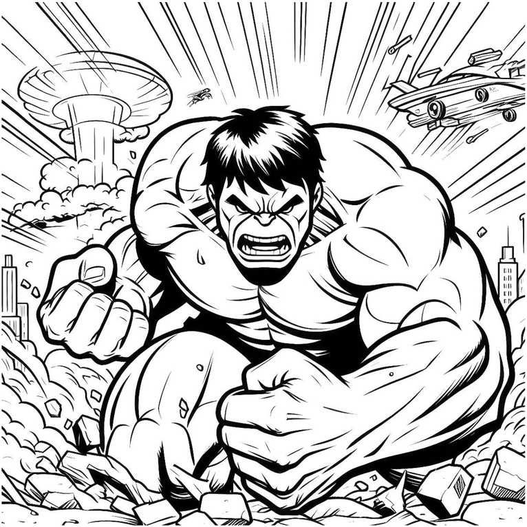 malvorlage-hulk-mit-explosionen-und-truemmern