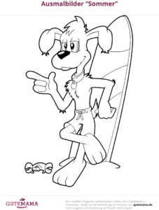 malvorlage-hund-am-strand-mit-surfbrett