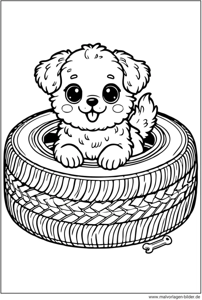 malvorlage-hund-im-autoreifen