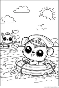 malvorlage-hund-im-boot-auf-dem-wasser