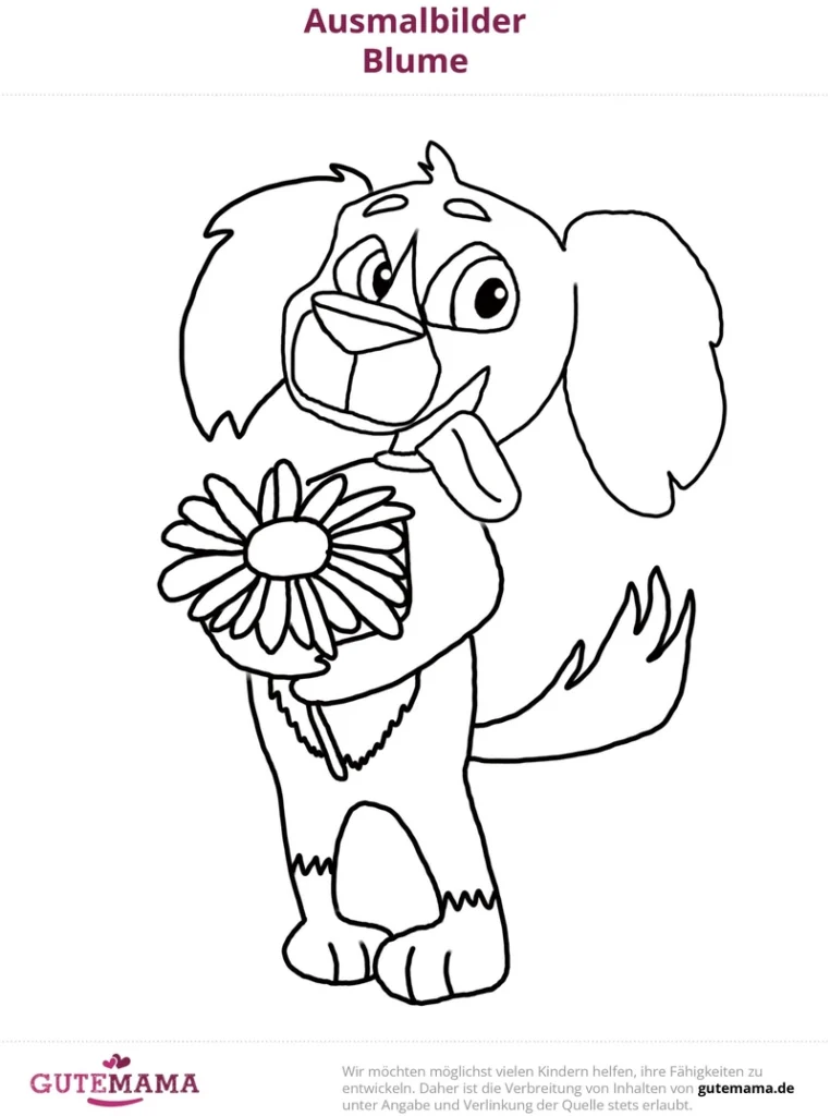 malvorlage-hund-mit-blume-ausmalbild