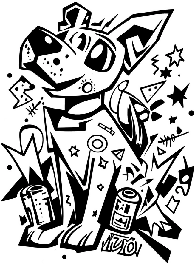 malvorlage-hund-mit-grafischen-elementen-und-geometrischen-formen