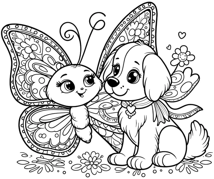 malvorlage-hund-und-schmetterling-mit-blumen