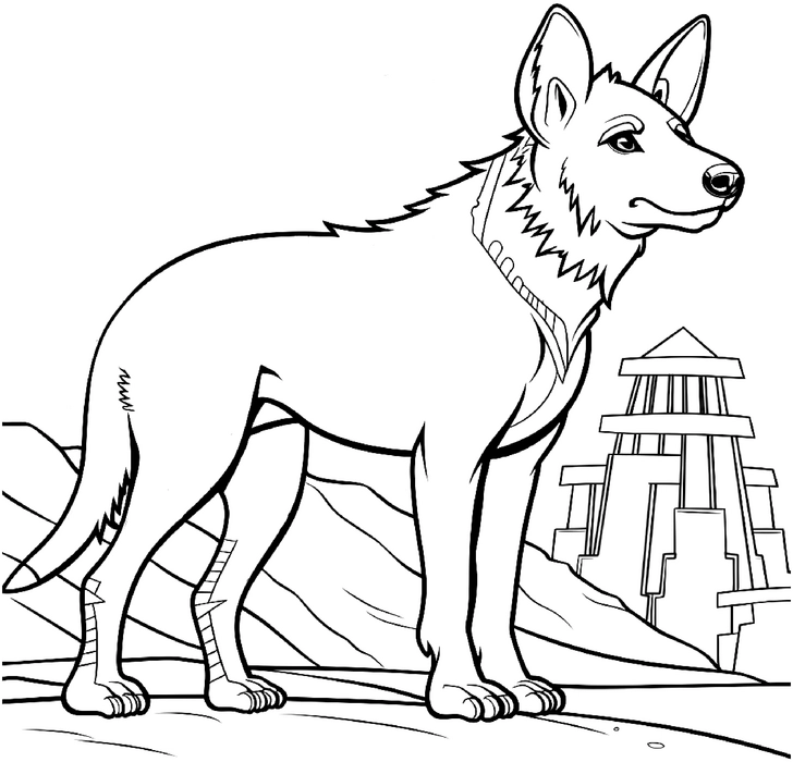 malvorlage-hund-vor-geheimnisvoller-architektur
