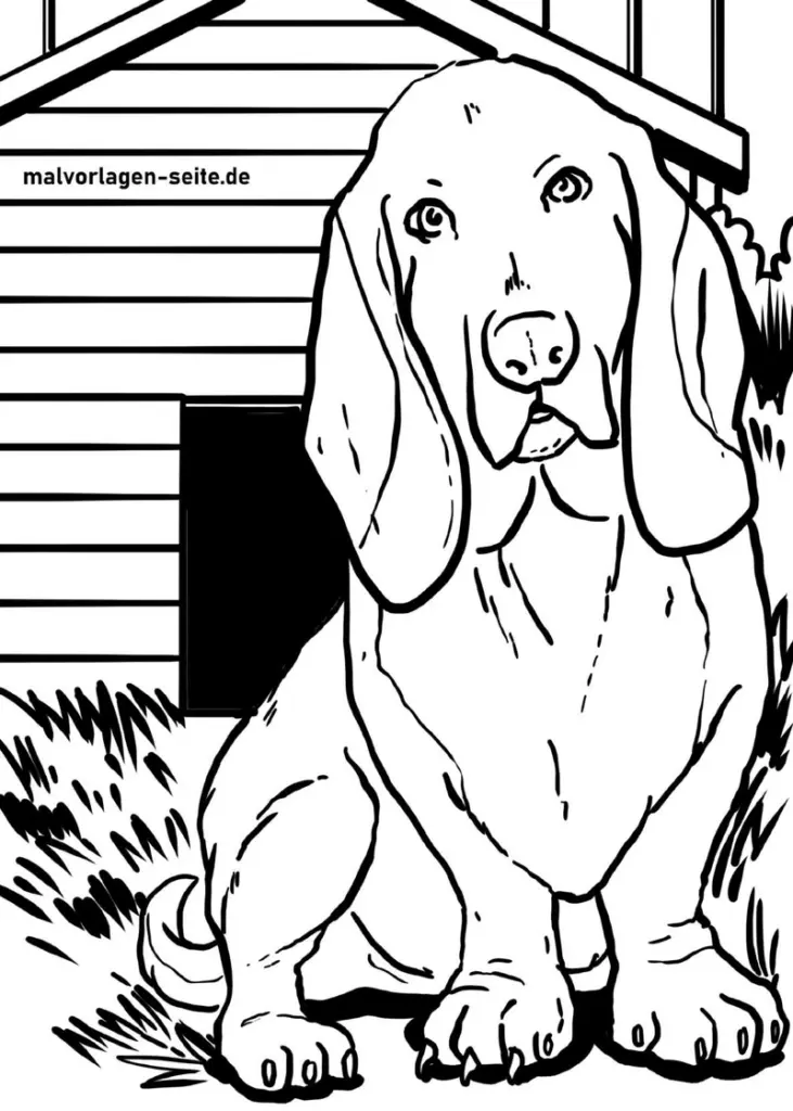 malvorlage-hund-vor-hundehaueschen-ausmalen