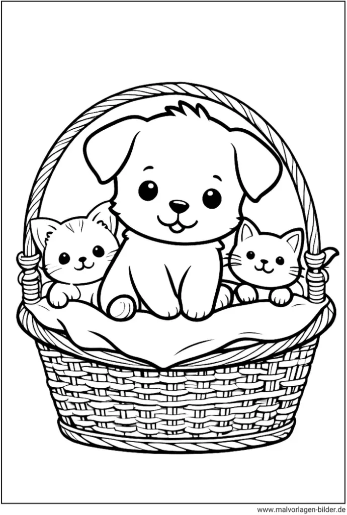 malvorlage-hundewelpe-und-katzenbabys-im-korb