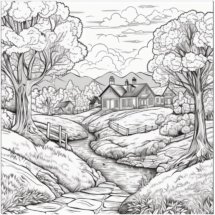 malvorlage-idyllische-landschaft-mit-haus-und-baum