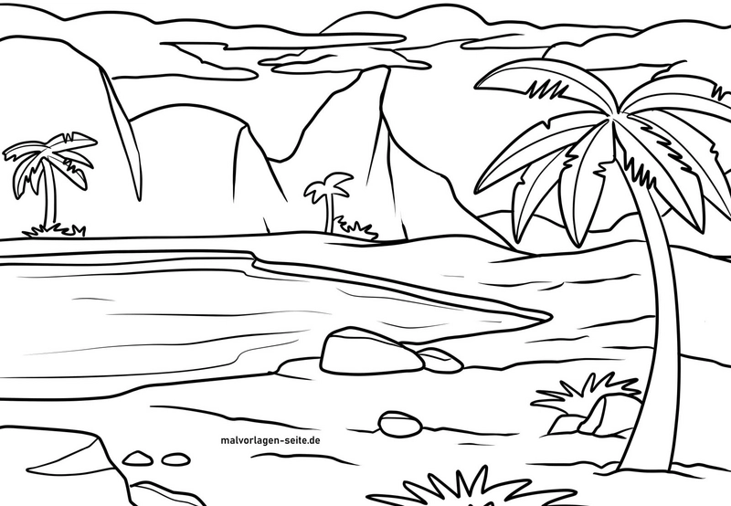 malvorlage-idyllische-landschaft-mit-palmen-und-bergen