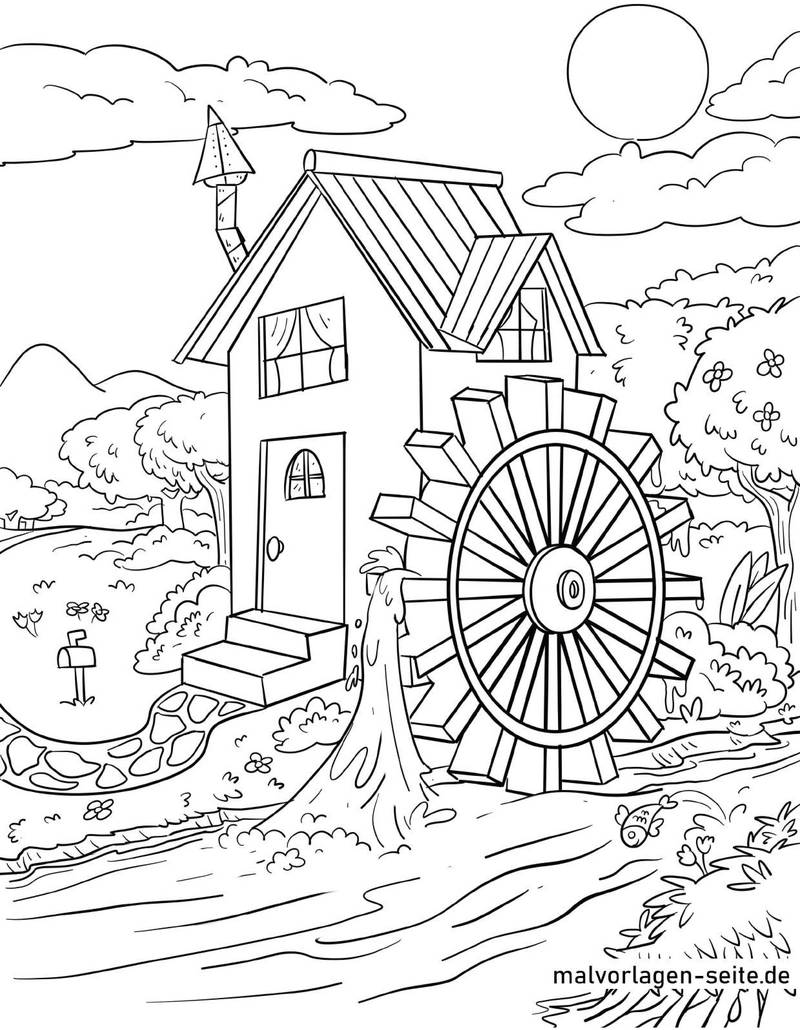 malvorlage-idyllisches-haus-mit-wasserrad-und-natur